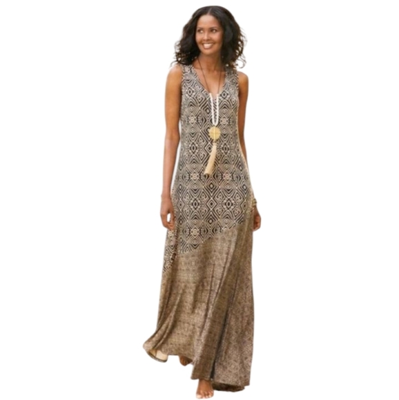 Soft Surroundings Tulum Aztec Tank Maxi Dress Brown & Tan Jersey Knit Size 3X - Picture 2 of 11